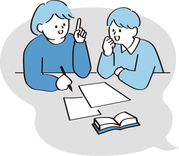 机を囲んで勉強する2人の学生のイラスト